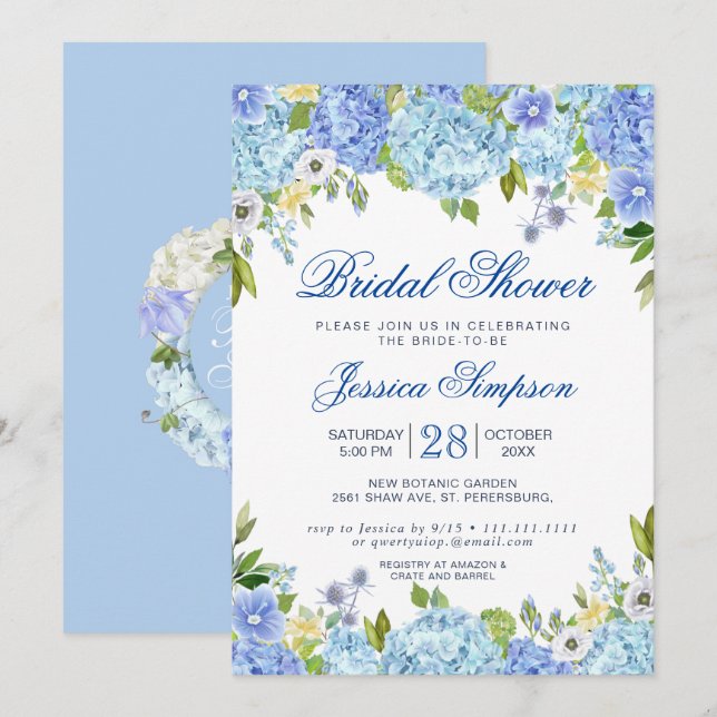 Light Blue Hydrangea Watercolor Bridal Shower Invitation (Front/Back)