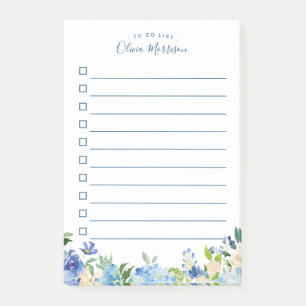 Light Blue Hydrangea Watercolor Floral To Do List Post-it Notes