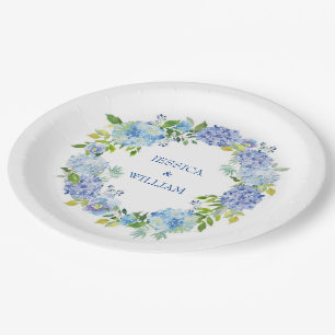 Light Blue Hydrangeas Floral Wedding Party Paper Plate