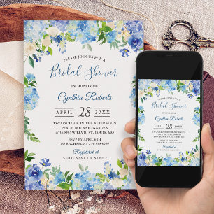 Light Blue Hydrangeas Floral Wreath Bridal Shower Invitation