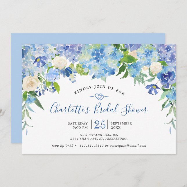 Light Blue Hydrangeas  Greenery Bridal Shower Invitation (Front/Back)
