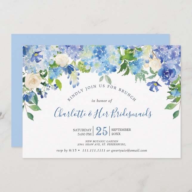 Light Blue Hydrangeas  Greenery Bridesmaids Brunch Invitation (Front/Back)
