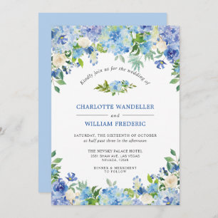 Light Blue Hydrangeas Greenery Watercolor Wedding Invitation