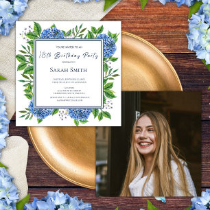 Light Blue Hydrangeas Photo 18th Birthday Party Invitation