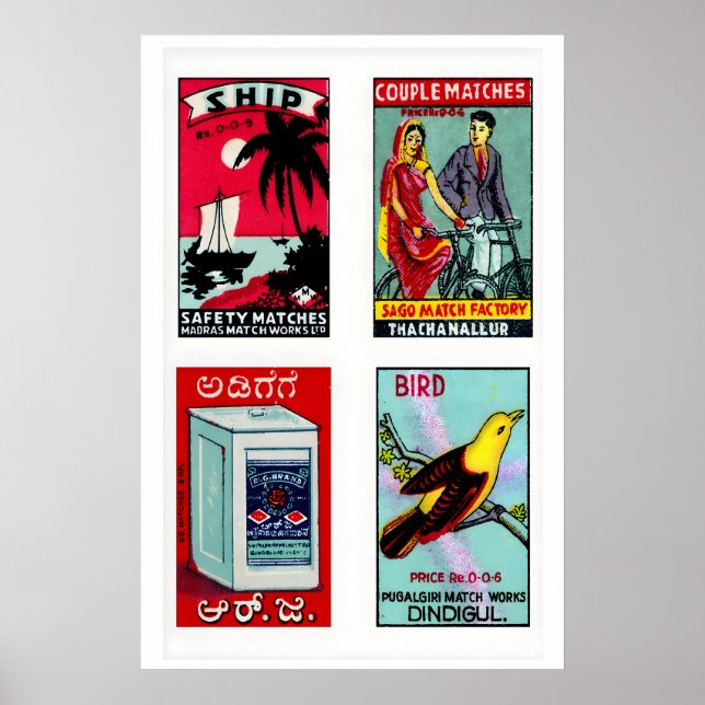 Light Blue Indian Matchbox Labels Grid Print (Front)