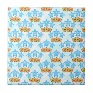 Light Blue Island Tribal Green Sea Turtles Ceramic Tile
