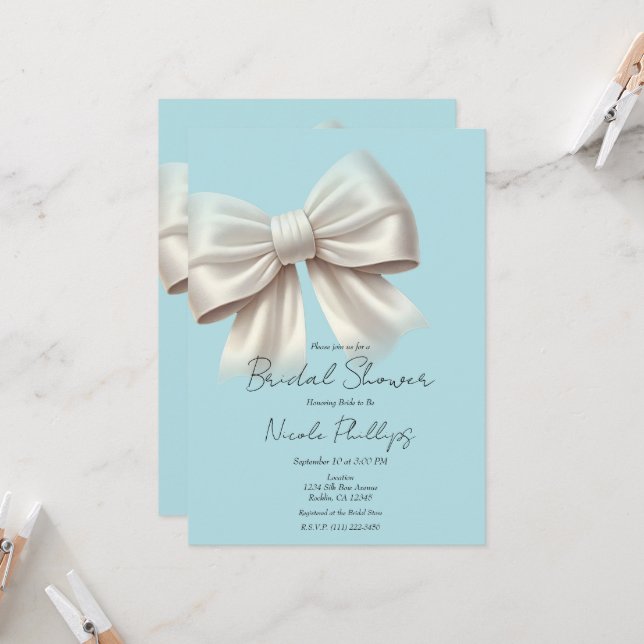 Light Blue & Ivory White Bow Bridal Shower Invitation (Front/Back In Situ)