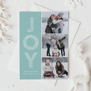 Light Blue JOY Foliage Lettering Photo Collage Holiday Card