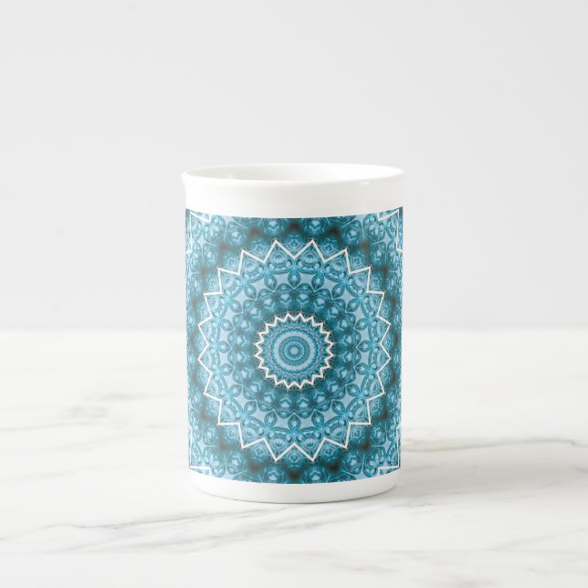Light Blue Kaleidoscope / Mandala Bone China Mug (Front)