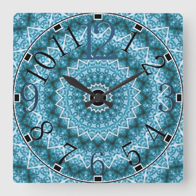 Light Blue Kaleidoscope / Mandala Square Wall Clock (Front)