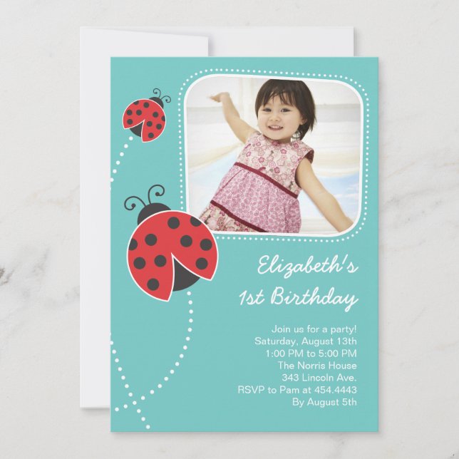 Light Blue Ladybug Birthday Invitations (Front)