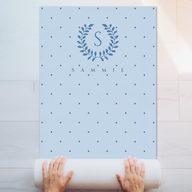 Light Blue Laurel Monogram Polka Dots Pattern Yoga Mat (Creator Uploaded)
