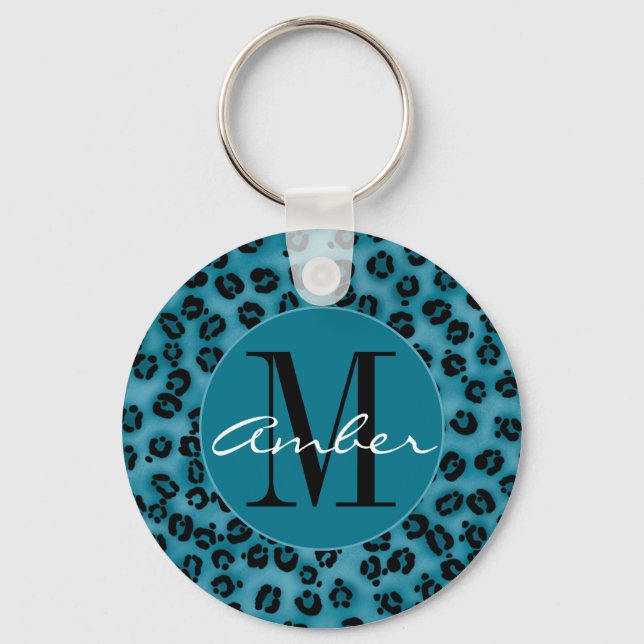 Light Blue Leopard Print Personalized Keychain (Front)