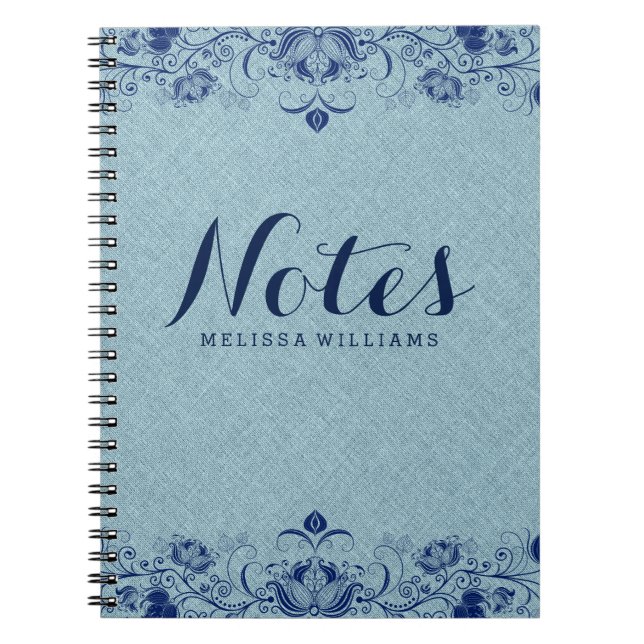 Light Blue Linen & Navy Blue lace Notebook (Front)