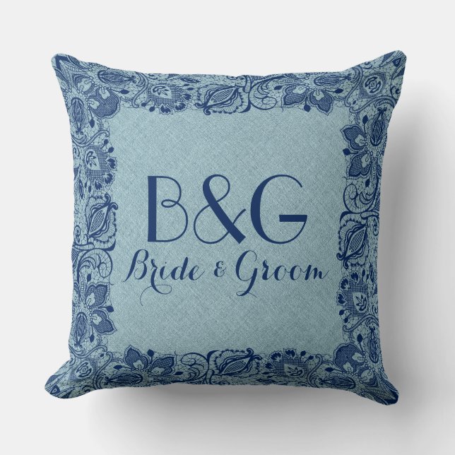 Light Blue Linen & Navy Navy Lace Frame Cushion (Front)