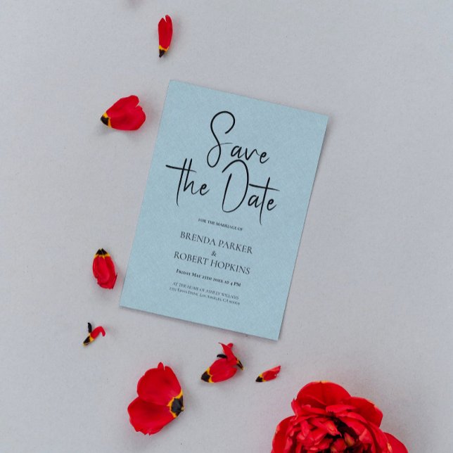 Light Blue linen Simple Black Script Save The Date Invitation (Creator Uploaded)