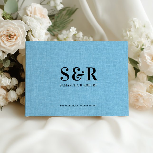 Light Blue Linen Wedding Monogram Guest Book (Creator Uploaded)