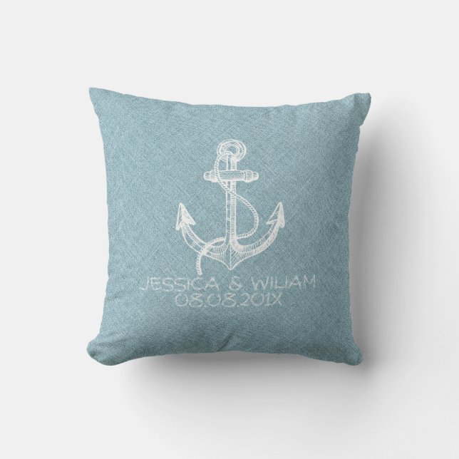 Light Blue Linen & White Boat Anchor Cushion (Front)