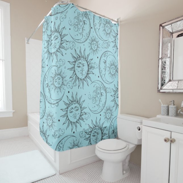 Light Blue Magic Vintage Sun Moon Shower Curtain (In Situ)