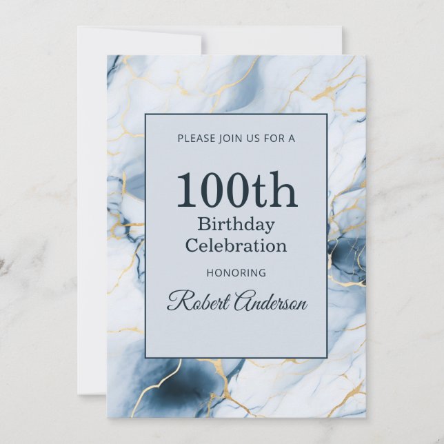 Light Blue Marble 100th Birthday Invitation (Front)