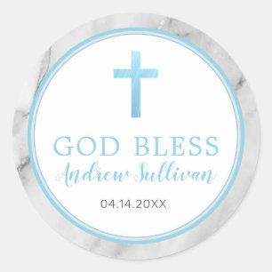 Light Blue Marble Baptism Favour Classic Round Sticker