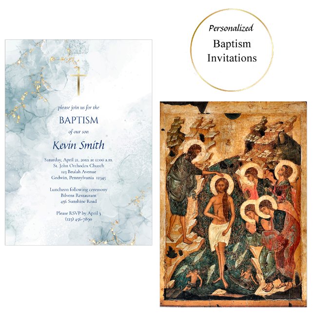 Light Blue Marble Gold Glitter Orthodox Baptism  Invitation (Creator Uploaded)