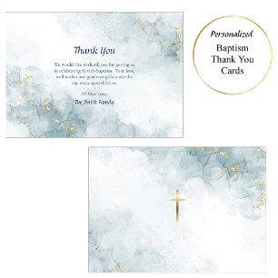 Light Blue Marble Gold Glitter Orthodox Baptism  Thank You Card