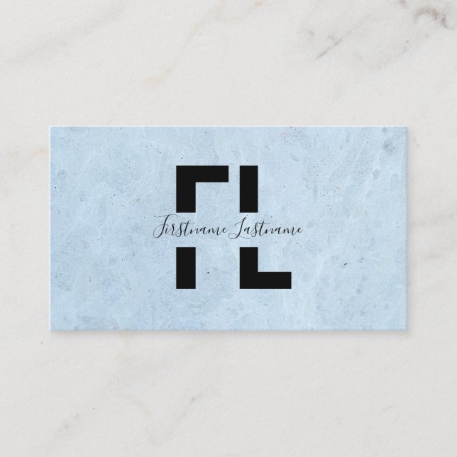 Light blue marble structure elegant monogram strip business card (Front)