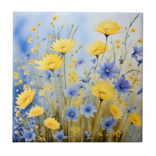 Light Blue Meadow with Delicate Wildflowers Ceramic Tile