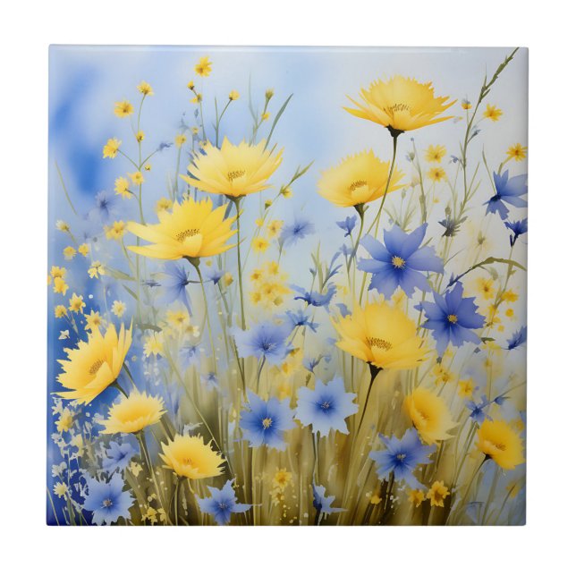 Light Blue Meadow with Delicate Wildflowers Ceramic Tile (Front)