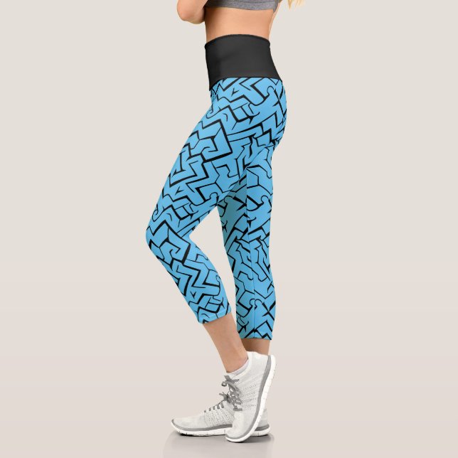 Light Blue Meander Pattern | Modern Maze Capri Leggings (Left)