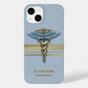 Light Blue Medical Caduceus Faux Gold Foil Stripes Case-Mate iPhone 14 Case