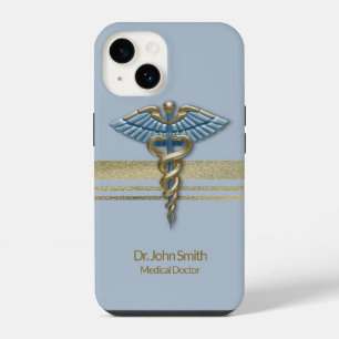 Light Blue Medical Caduceus Faux Gold Foil Stripes iPhone 14 Case