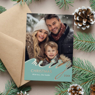 Light Blue Merry Christmas Script Photo Foil Holiday Card
