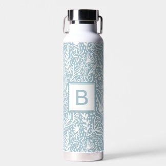 Light Blue Modern Botanical Pattern Monogram Water Bottle