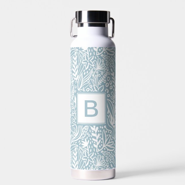 Light Blue Modern Botanical Pattern Monogram Water Bottle (Front)