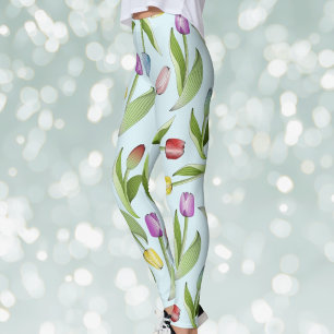 Light Blue Modern Colourful Tulip Pattern Print Leggings