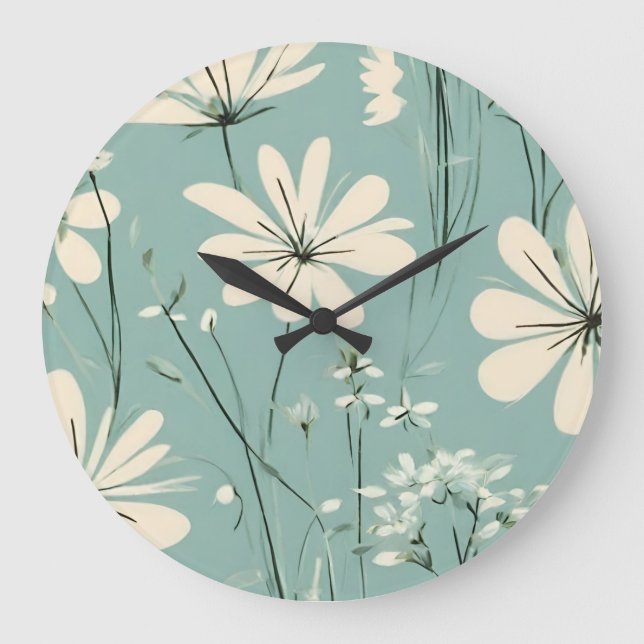Light Blue Modern Groovy Daisy Flowers Large Clock (Front)