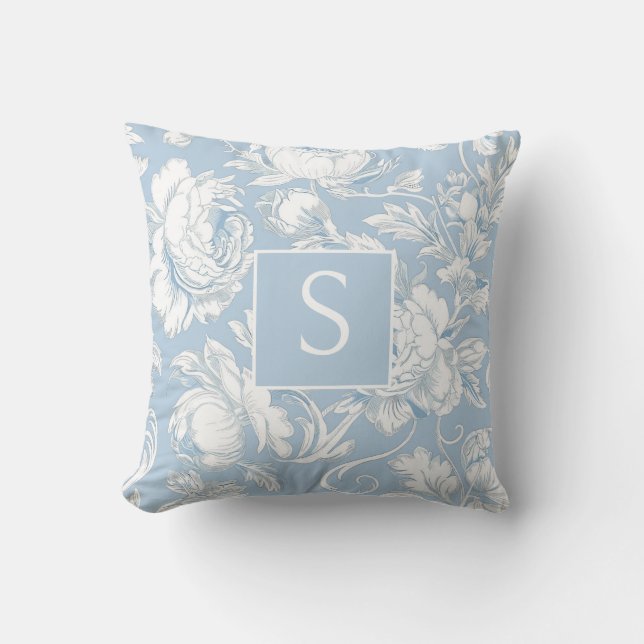 Light Blue Monogram Floral Chinoiserie Cushion (Front)
