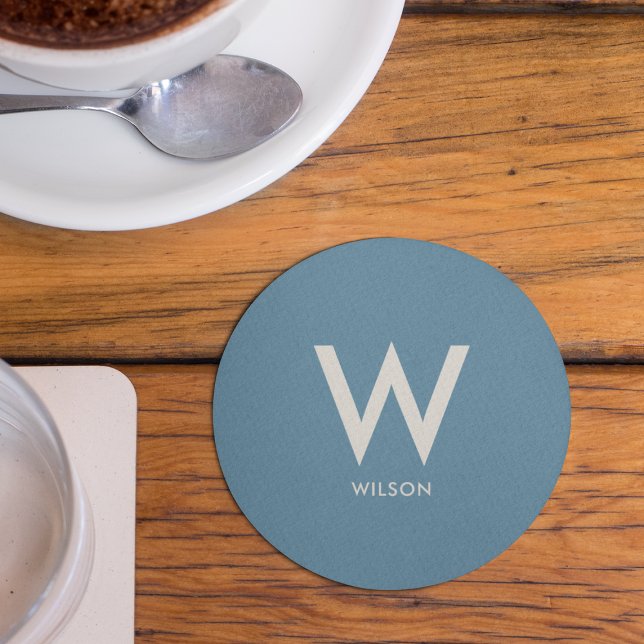 Light Blue Monogram Personal Party Round Paper Coaster (Creator Uploaded)