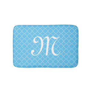 Light blue monogram quatrefoil pattern bath mat