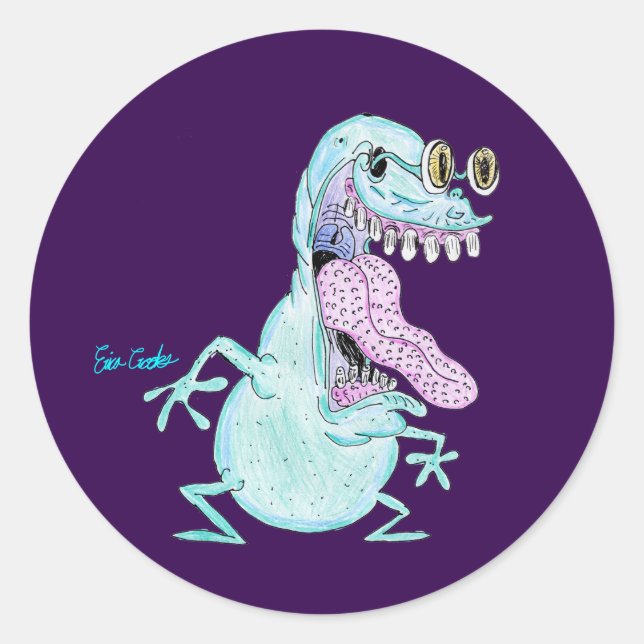 light blue monster alien cartoon classic round sticker (Front)