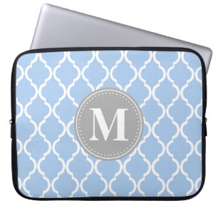 Light Blue Moroccan Lattice Grey Monogram Laptop Sleeve