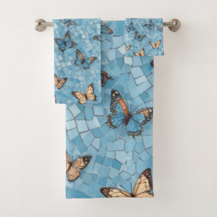 Light Blue Mosaic With Butterflies Bath Towel Set