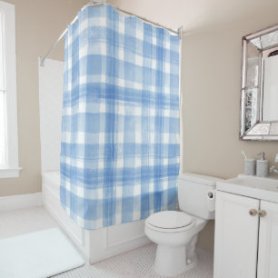 Light Blue n White Watercolor Gingham Chequered Shower Curtain