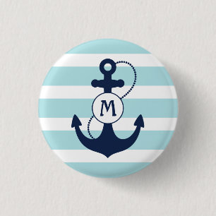 Light Blue Nautical Anchor Monogram 3 Cm Round Badge