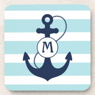 Light Blue Nautical Anchor Monogram Coaster