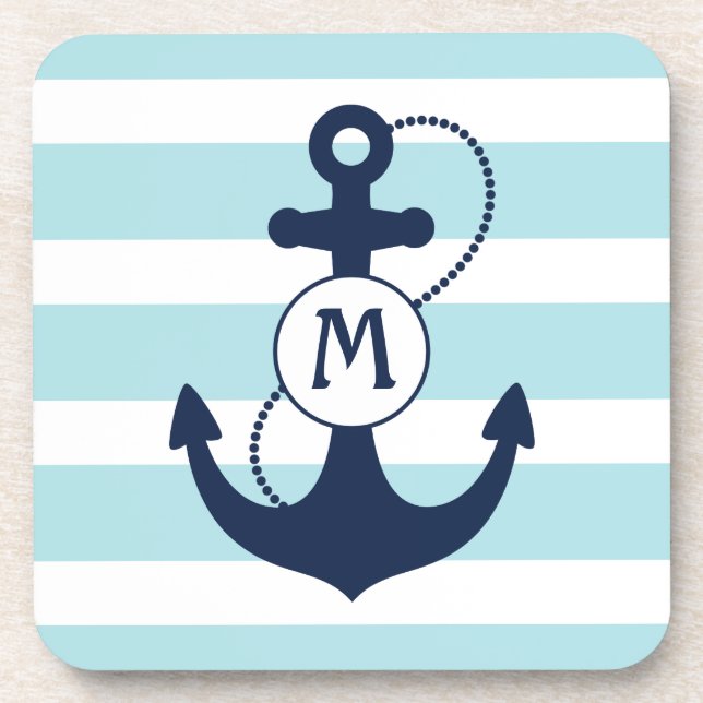Light Blue Nautical Anchor Monogram Coaster (Front)