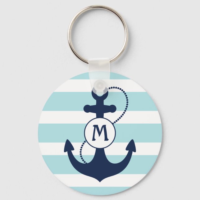 Light Blue Nautical Anchor Monogram Key Ring (Front)
