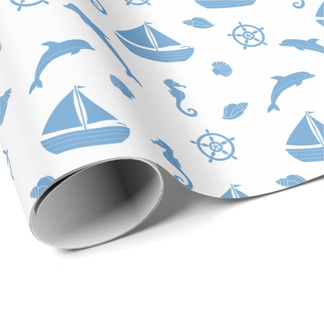 Light Blue Nautical Design Gift Wrapping Paper (Roll Corner)